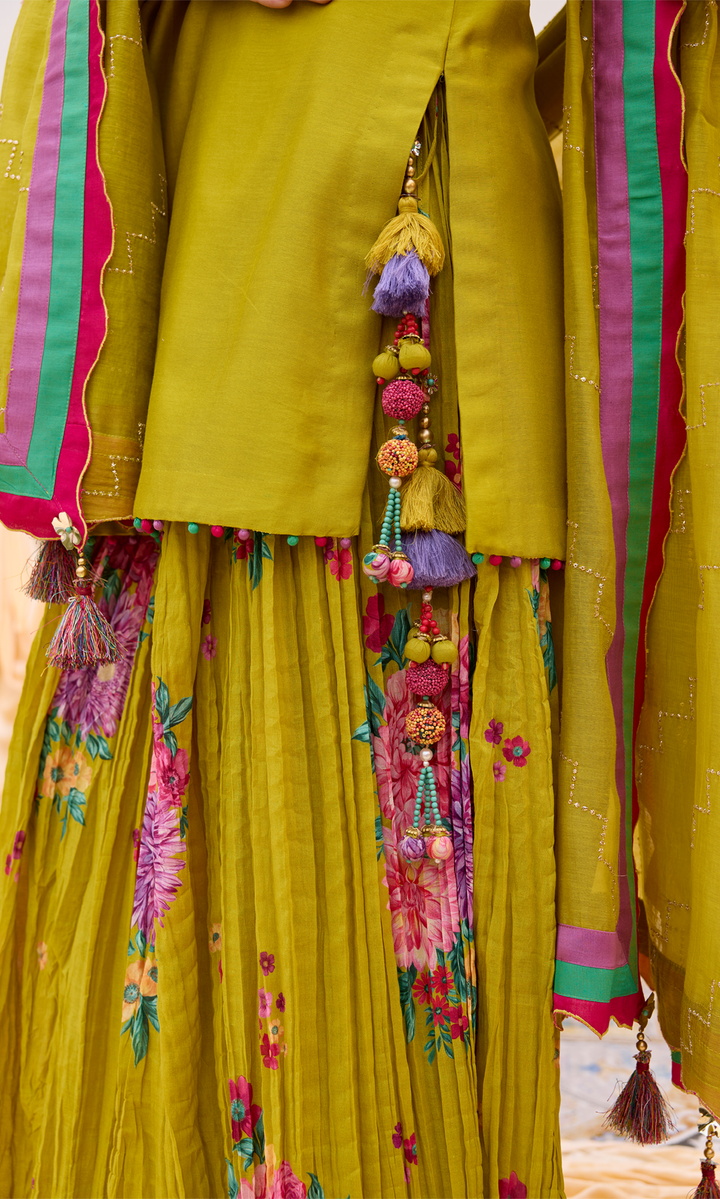 Ruwa Set- Hand Embroidered Kurta with Printed Sharara and Dupatta (set of 3)