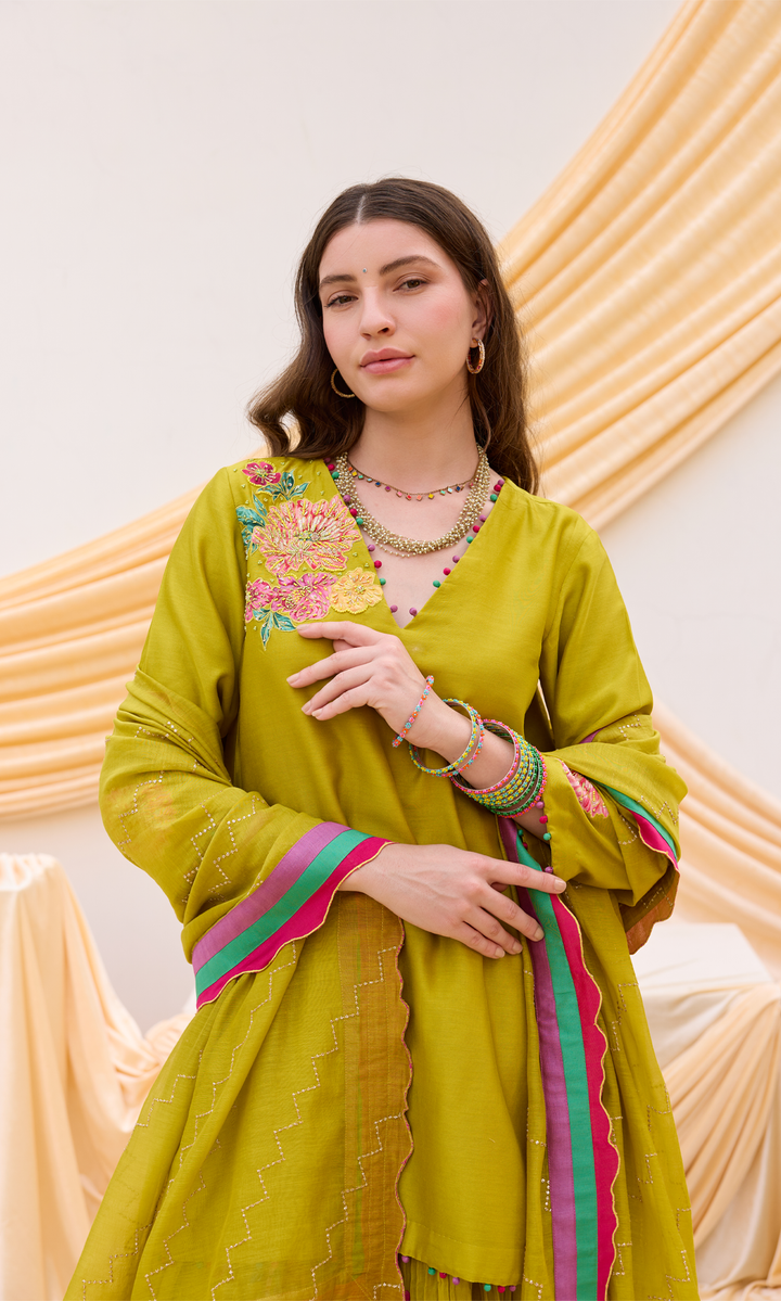 Ruwa Set- Hand Embroidered Kurta with Printed Sharara and Dupatta (set of 3)