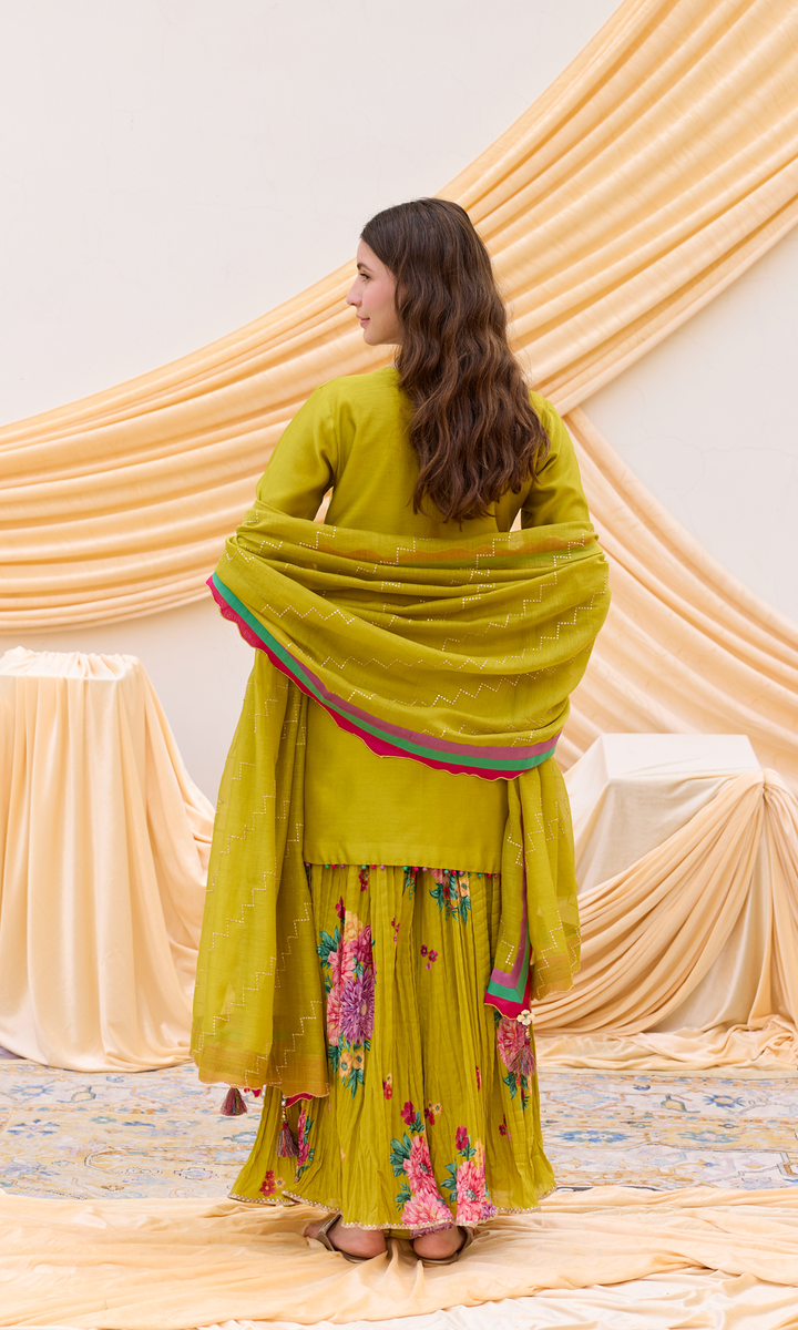 Ruwa Set- Hand Embroidered Kurta with Printed Sharara and Dupatta (set of 3)