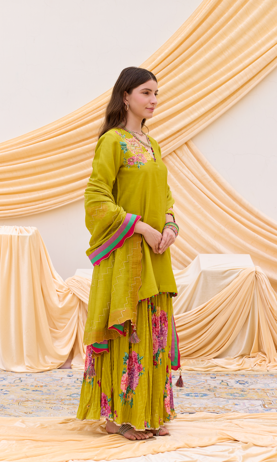 Ruwa Set- Hand Embroidered Kurta with Printed Sharara and Dupatta (set of 3)