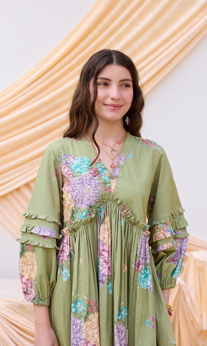 Daphne- Digitally Printed Floral Embroidered Cotton Dress