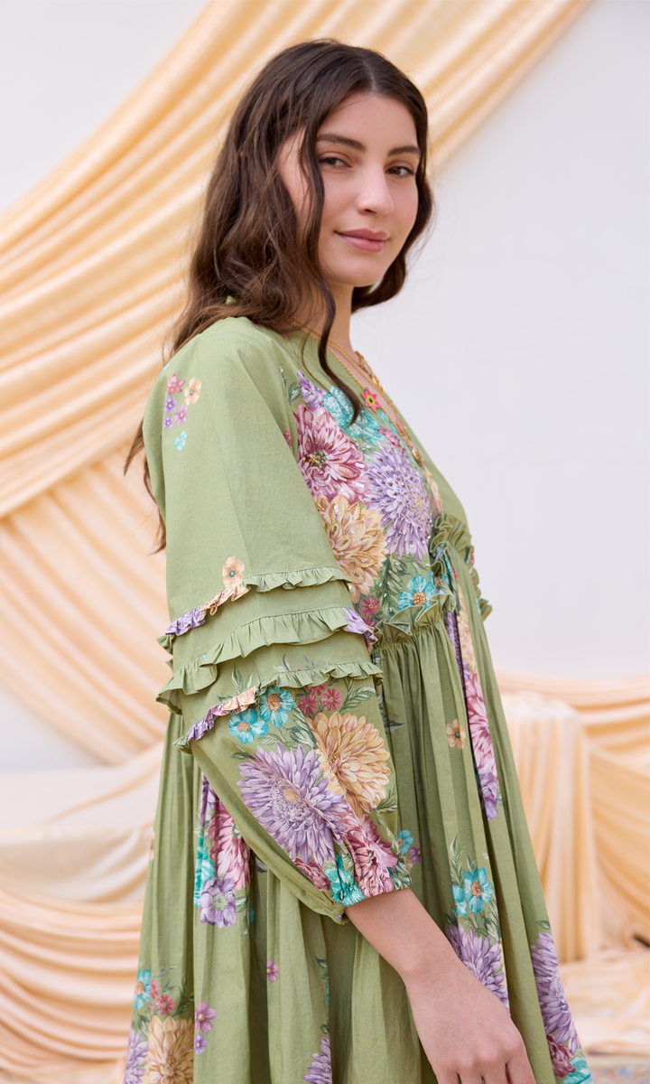 Daphne- Digitally Printed Floral Embroidered Cotton Dress