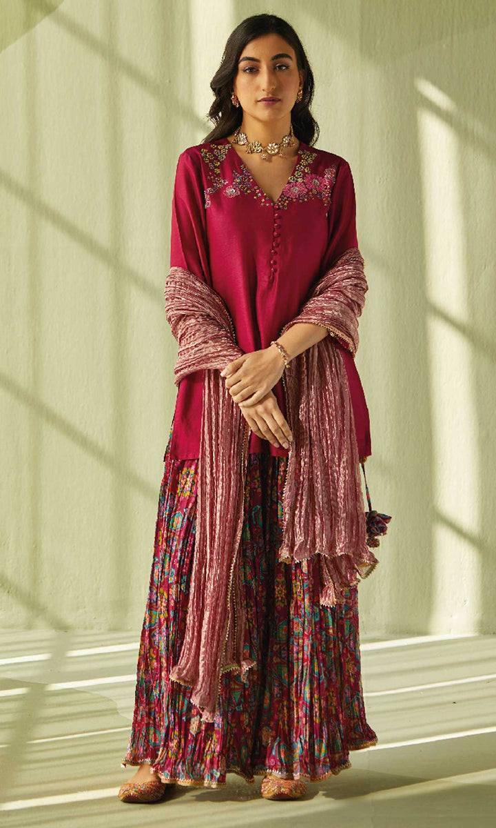 Elahe Set- Maroon chanderi hand embroidered crinkled sharara set (set of 3)