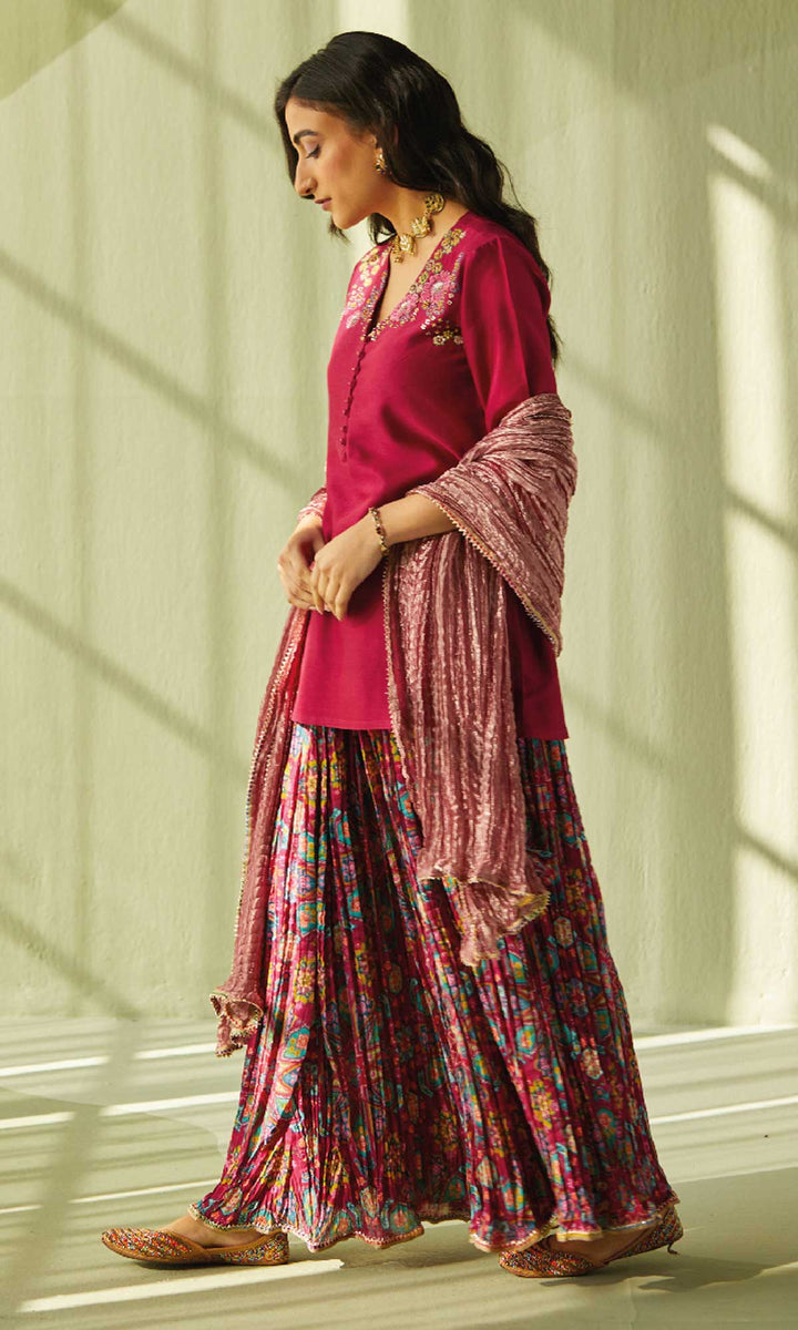 Elahe Set- Maroon chanderi hand embroidered crinkled sharara set (set of 3)