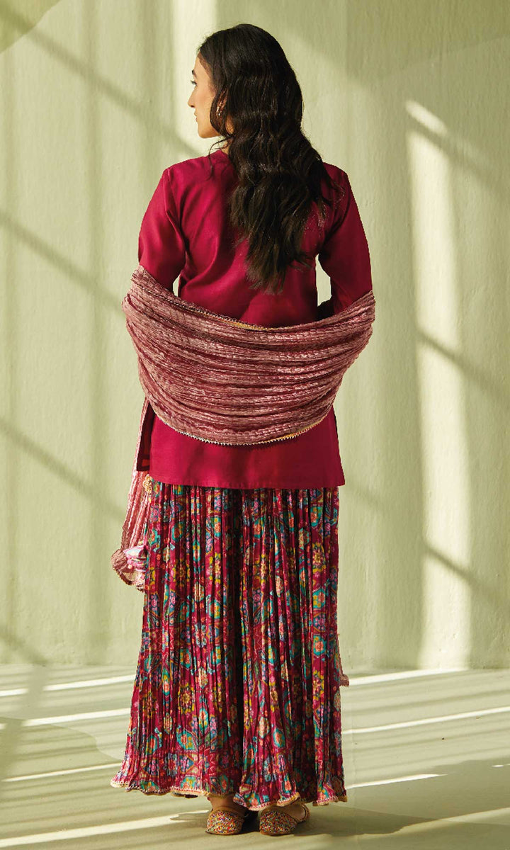 Elahe Set- Maroon chanderi hand embroidered crinkled sharara set (set of 3)