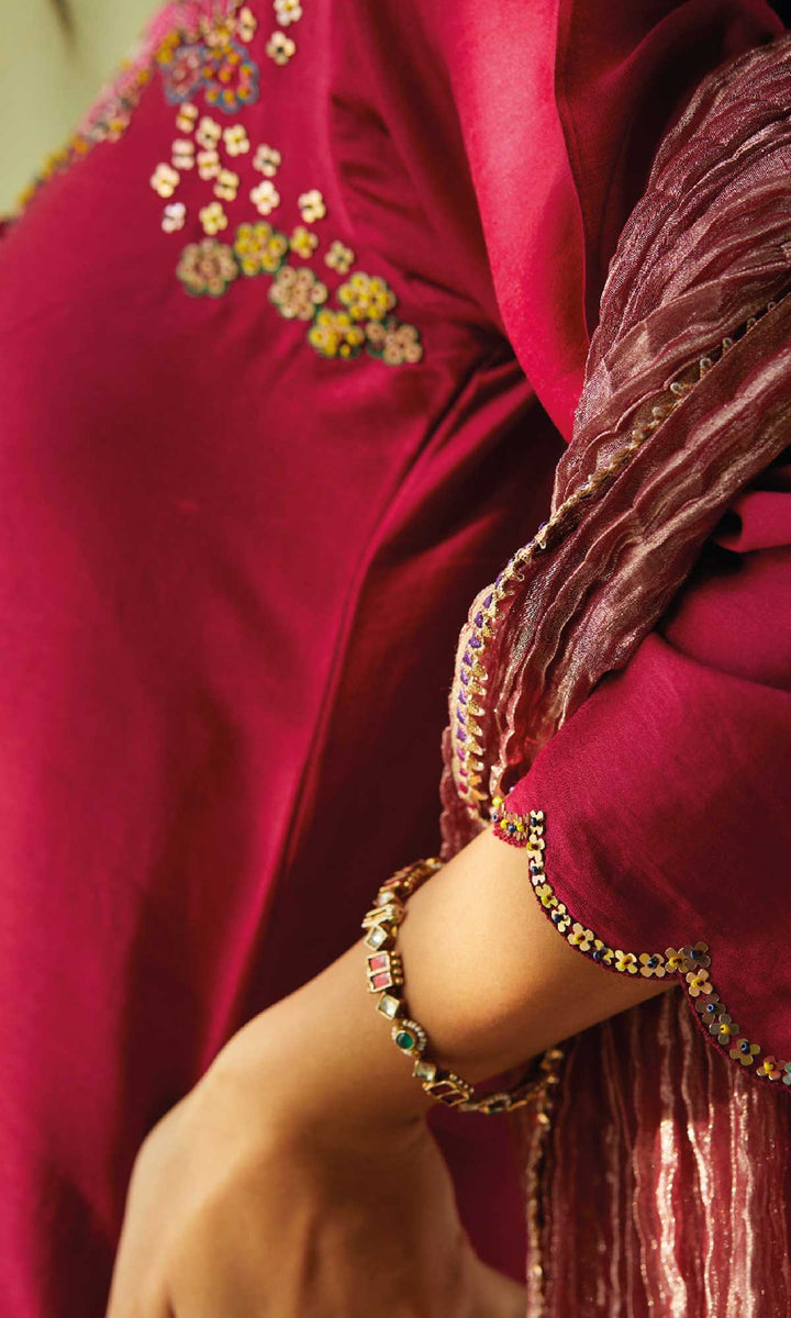 Elahe Set- Maroon chanderi hand embroidered crinkled sharara set (set of 3)