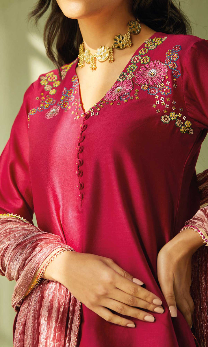 Elahe Set- Maroon chanderi hand embroidered crinkled sharara set (set of 3)
