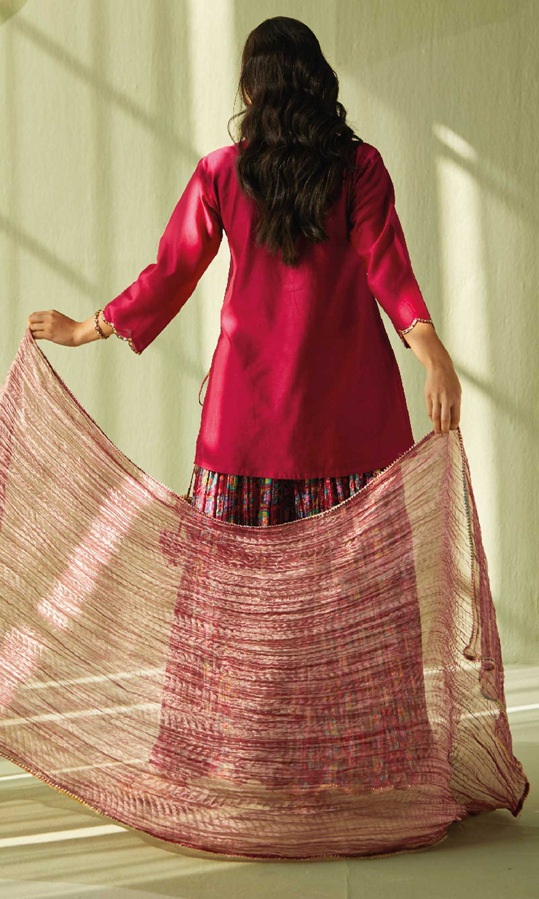 Elahe Set- Maroon chanderi hand embroidered crinkled sharara set (set of 3)
