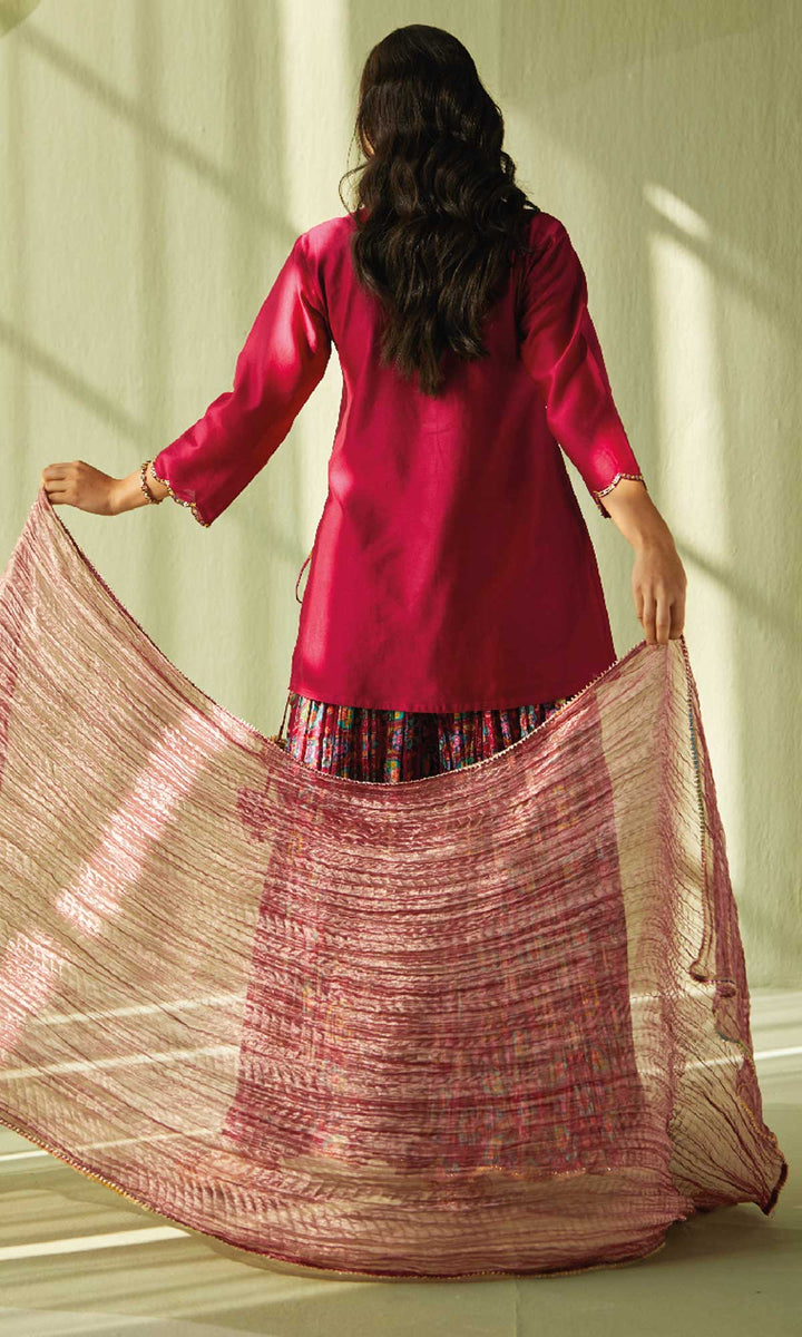 Elahe Set- Maroon chanderi hand embroidered crinkled sharara set (set of 3)