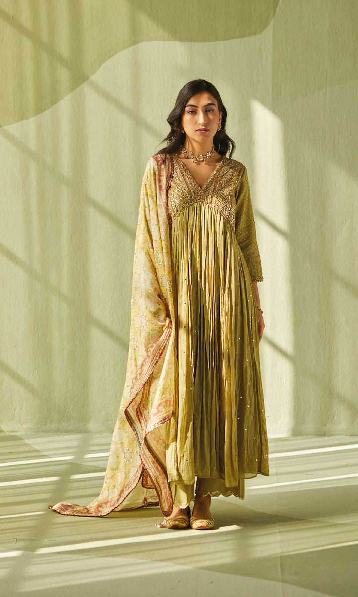 Aafiya Set- Sage mukaish mulmul hand embroidered anarkali with pants and dupatta (set of 3)