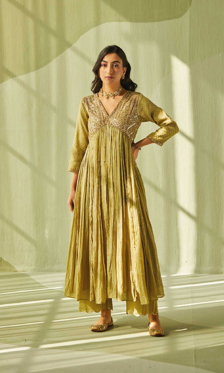 Aafiya Set- Sage mukaish mulmul hand embroidered anarkali with pants and dupatta (set of 3)