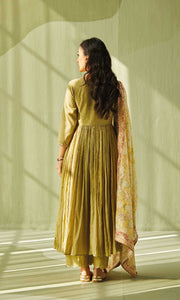 Aafiya Set- Teal mukaish mulmul hand embroidered anarkali with pants and dupatta (set of 3)