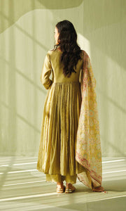 Aafiya Set- Teal mukaish mulmul hand embroidered anarkali with pants and dupatta (set of 3)