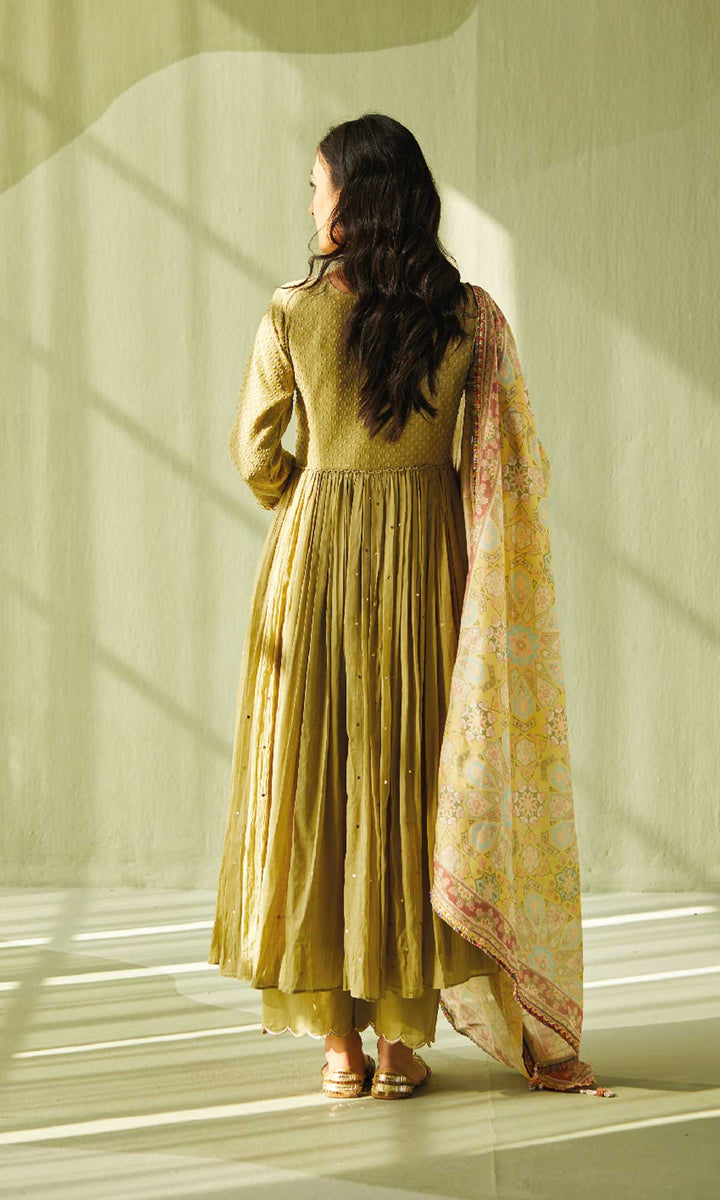 Aafiya Set- Sage mukaish mulmul hand embroidered anarkali with pants and dupatta (set of 3)