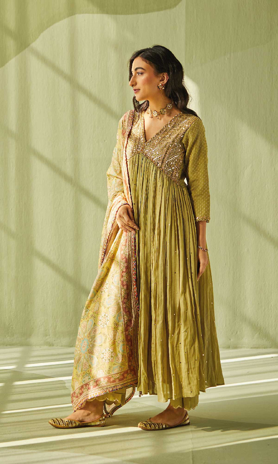 Aafiya Set- Sage mukaish mulmul hand embroidered anarkali with pants and dupatta (set of 3)