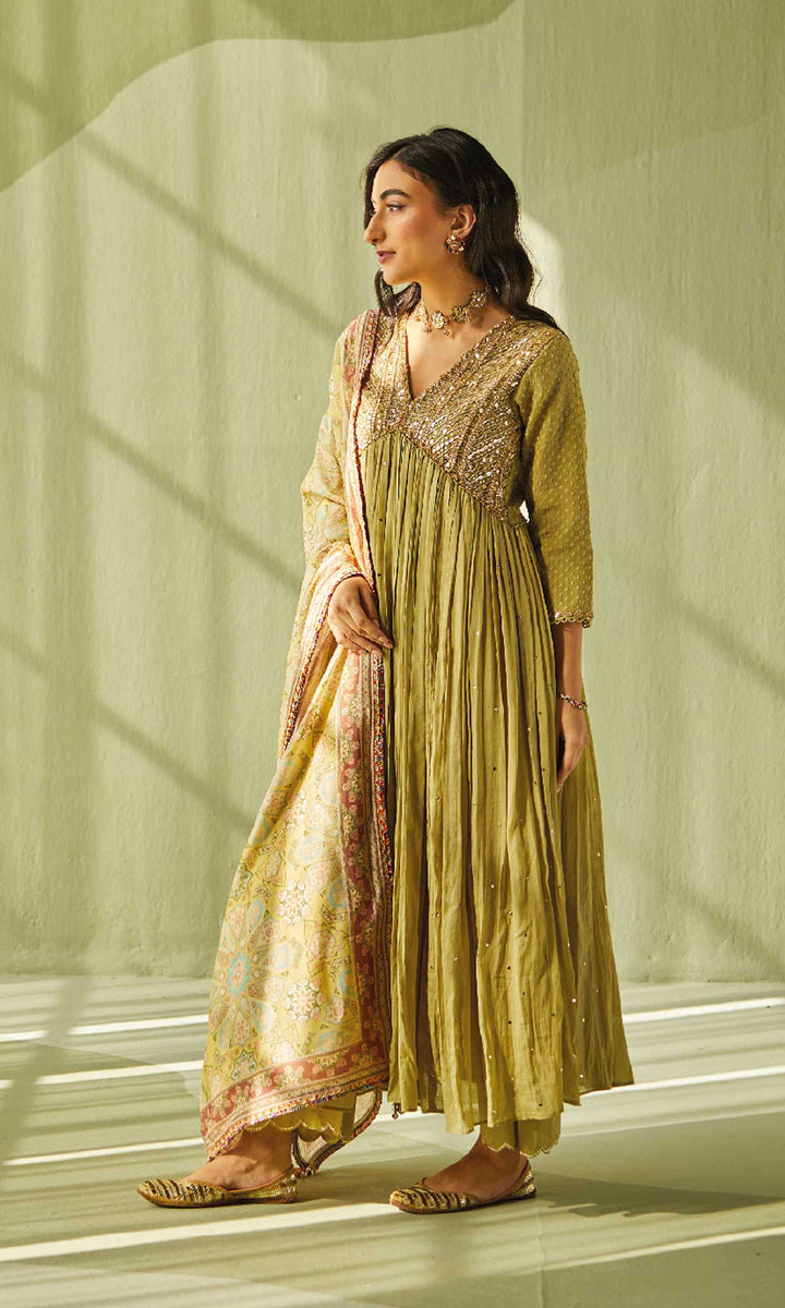 Aafiya Set- Sage mukaish mulmul hand embroidered anarkali with pants and dupatta (set of 3)