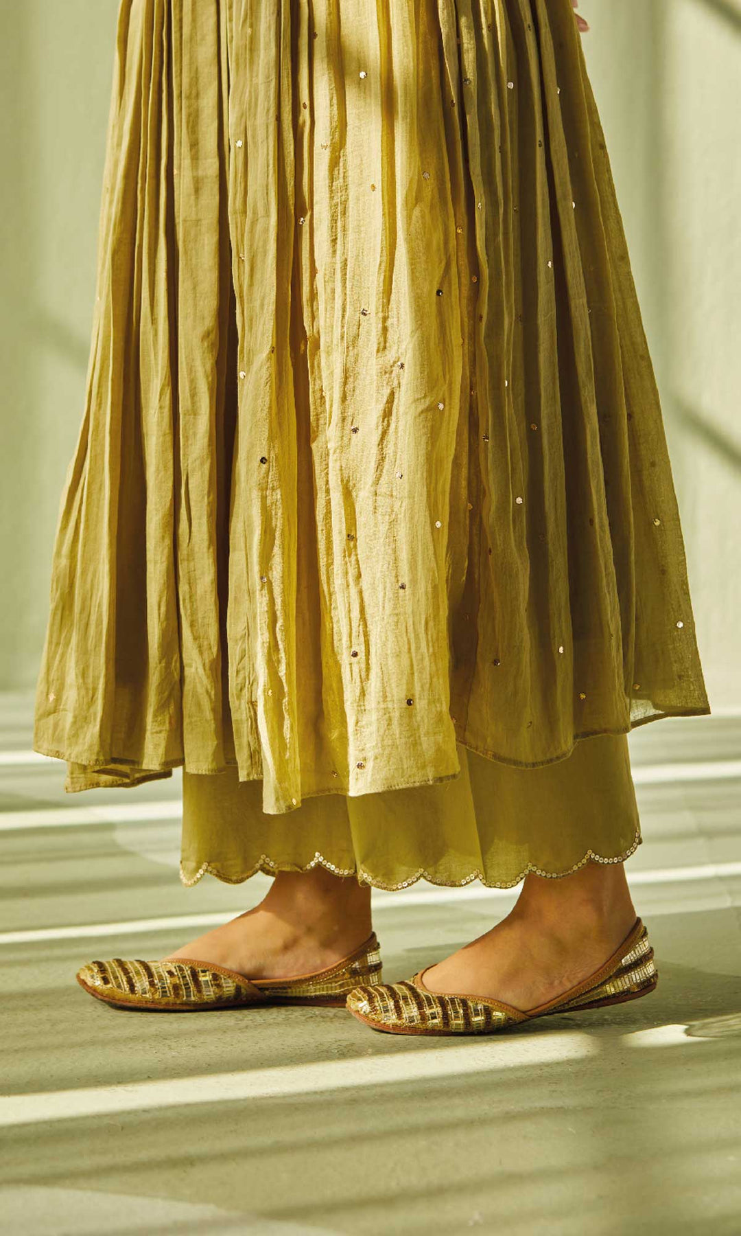 Aafiya Set- Sage mukaish mulmul hand embroidered anarkali with pants and dupatta (set of 3)