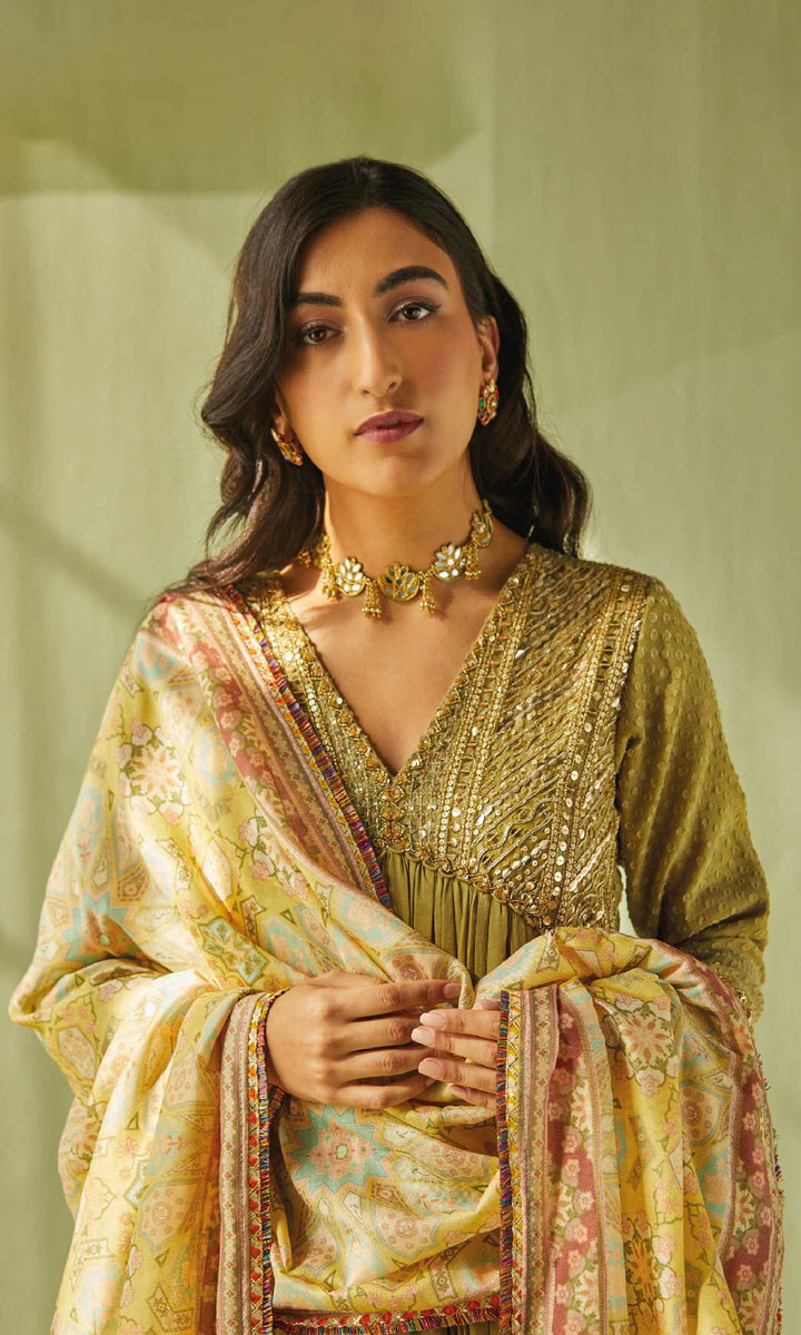 Aafiya Set- Sage mukaish mulmul hand embroidered anarkali with pants and dupatta (set of 3)