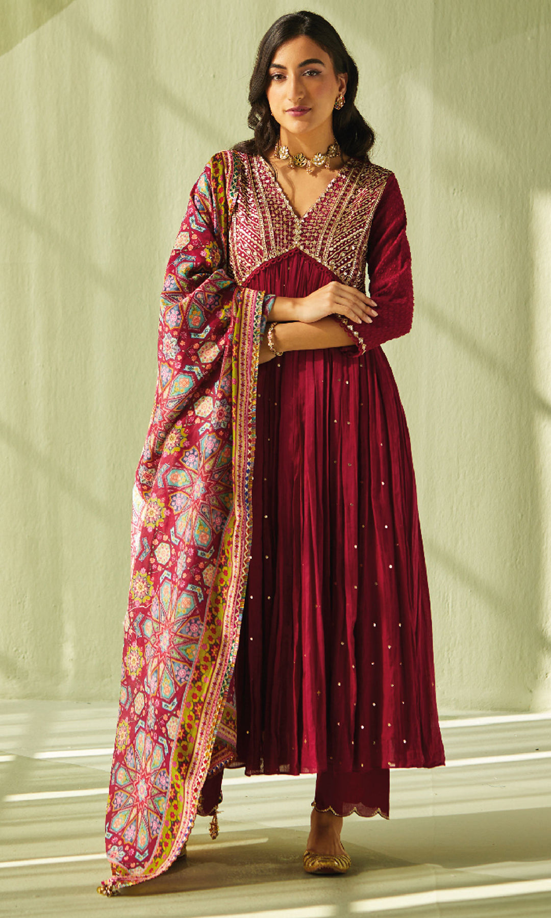 Aafiya Set- Maroon mukaish mulmul hand embroidered anarkali with pants and dupatta (set of 3)