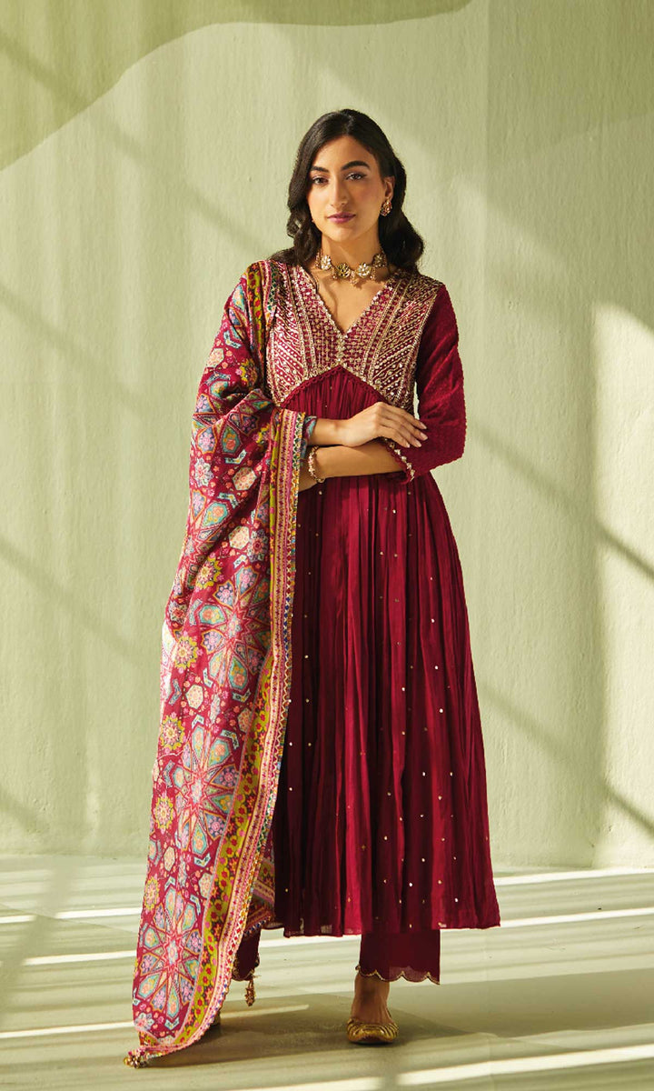 Aafiya Set- Sage mukaish mulmul hand embroidered anarkali with pants and dupatta (set of 3)