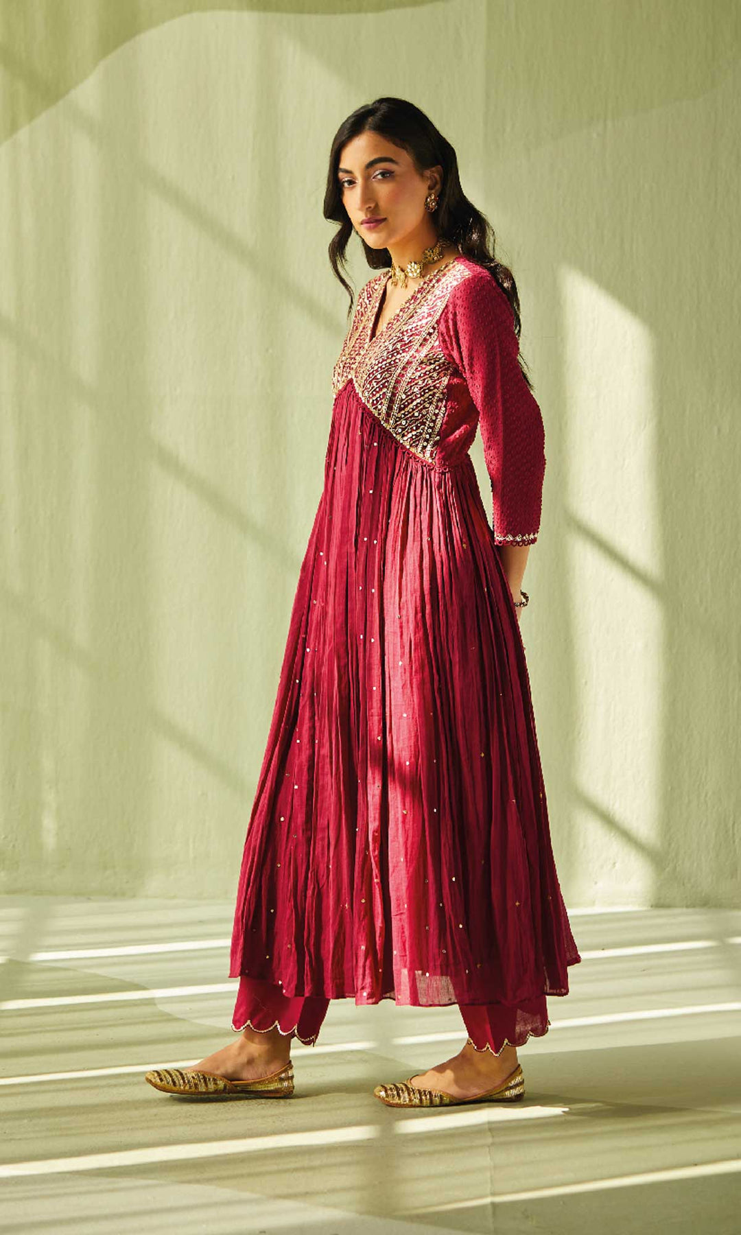 Aafiya Set- Maroon mukaish mulmul hand embroidered anarkali with pants and dupatta (set of 3)