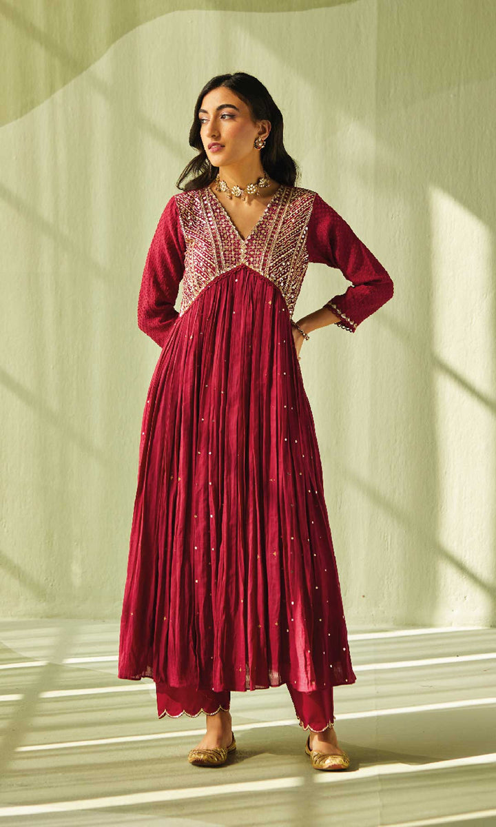 Aafiya Set- Sage mukaish mulmul hand embroidered anarkali with pants and dupatta (set of 3)