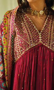Aafiya Set- Teal mukaish mulmul hand embroidered anarkali with pants and dupatta (set of 3)