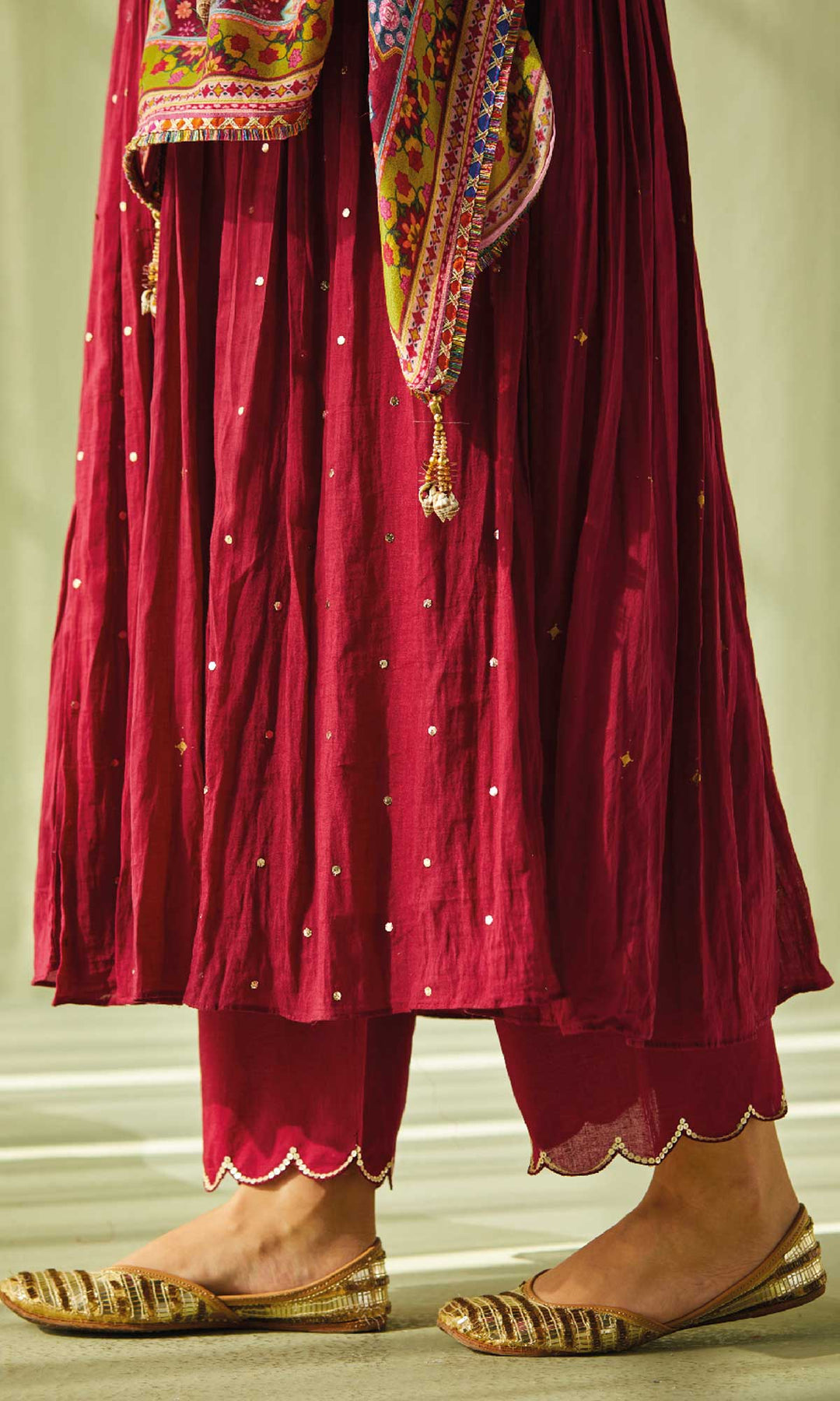 Aafiya Set- Maroon mukaish mulmul hand embroidered anarkali with pants and dupatta (set of 3)