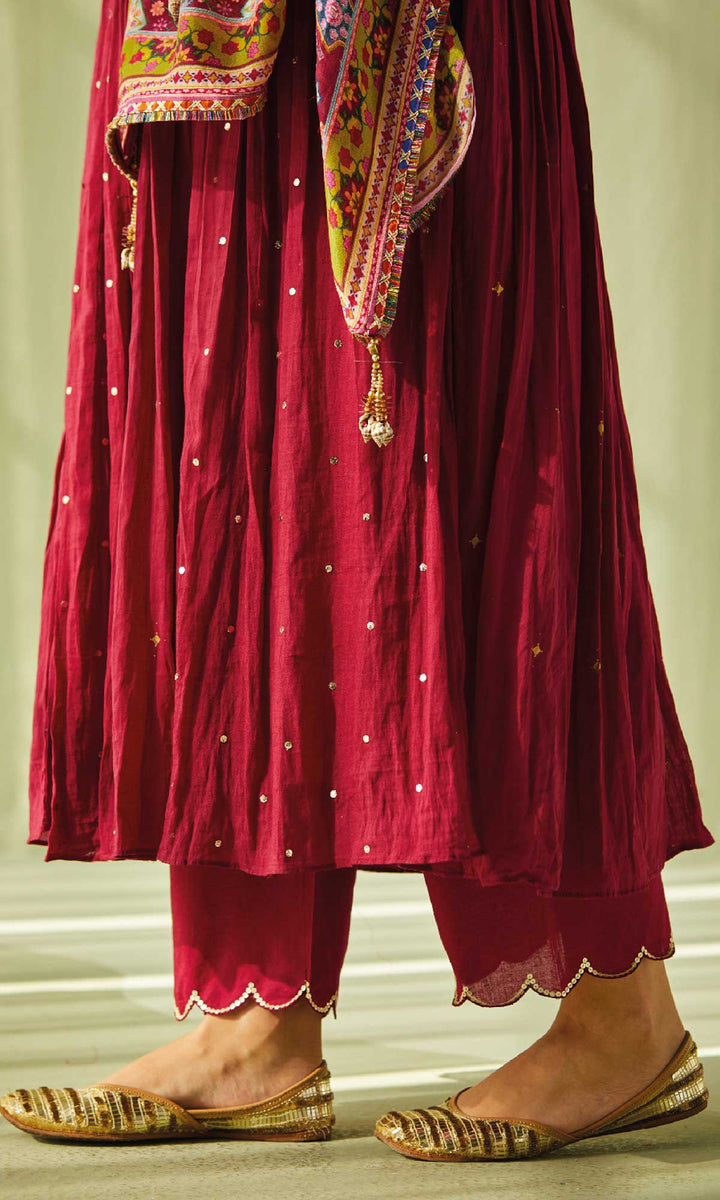 Aafiya Set- Maroon mukaish mulmul hand embroidered anarkali with pants and dupatta (set of 3)