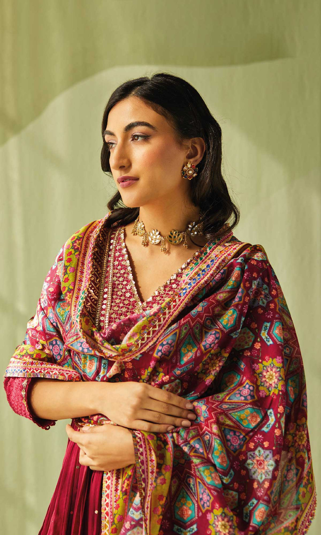 Aafiya Set- Sage mukaish mulmul hand embroidered anarkali with pants and dupatta (set of 3)