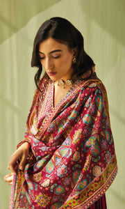 Aafiya Set- Teal mukaish mulmul hand embroidered anarkali with pants and dupatta (set of 3)