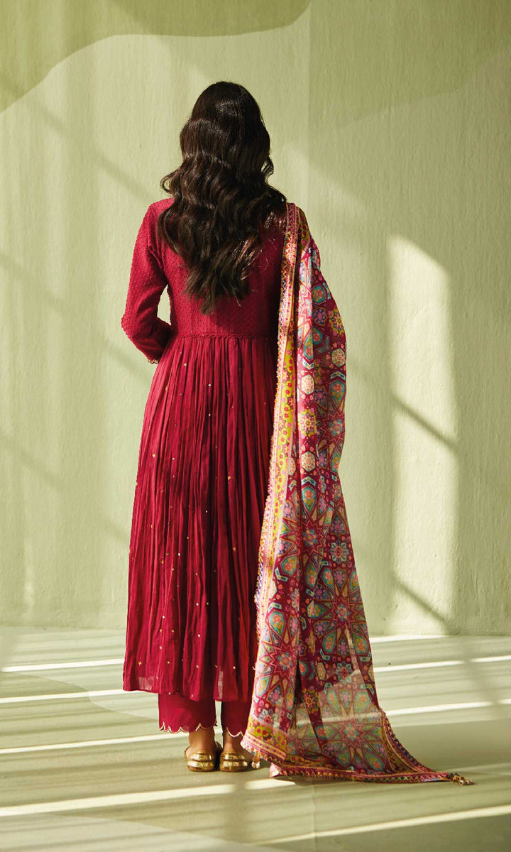 Aafiya Set- Sage mukaish mulmul hand embroidered anarkali with pants and dupatta (set of 3)