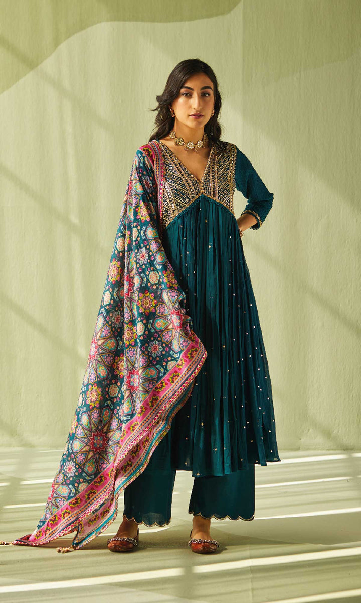 Aafiya Set- Sage mukaish mulmul hand embroidered anarkali with pants and dupatta (set of 3)