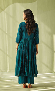 Aafiya Set- Teal mukaish mulmul hand embroidered anarkali with pants and dupatta (set of 3)