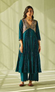 Aafiya Set- Teal mukaish mulmul hand embroidered anarkali with pants and dupatta (set of 3)