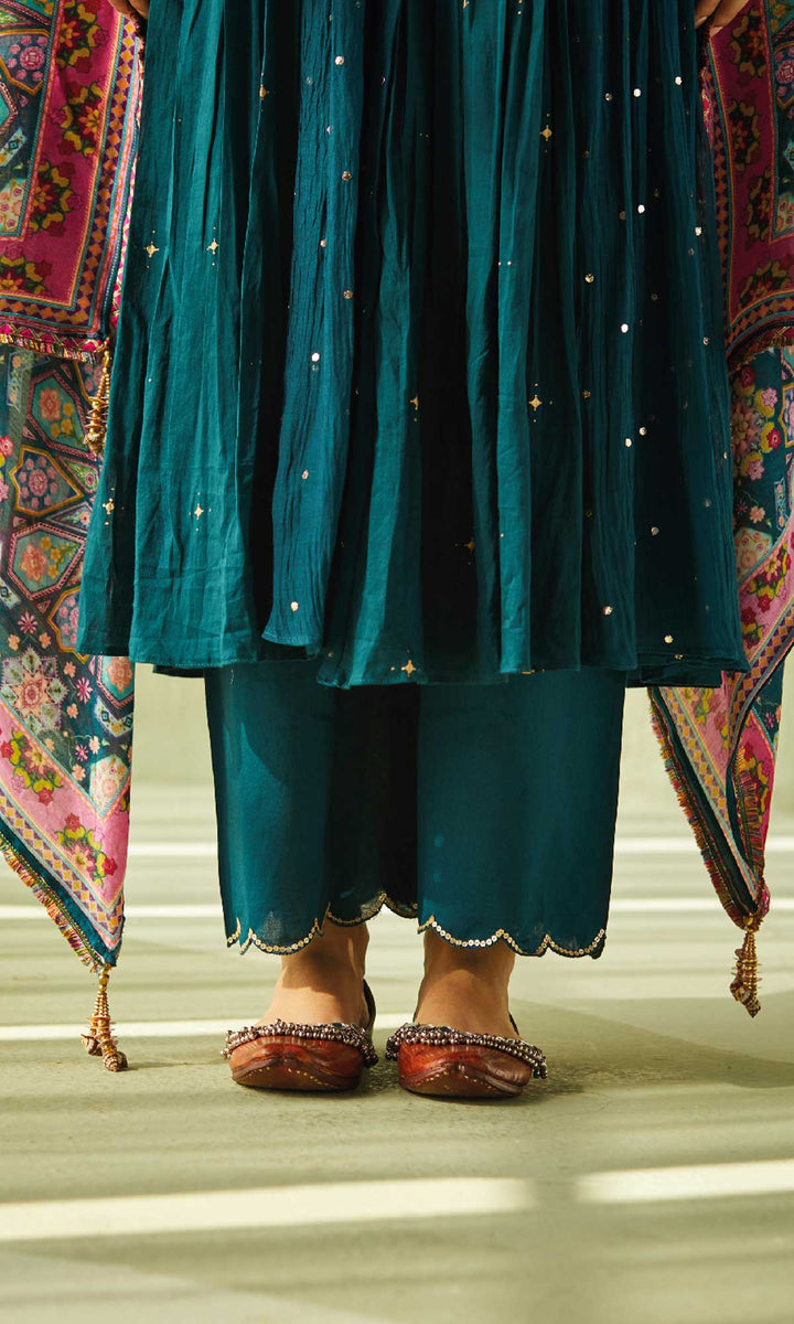 Aafiya Set- Maroon mukaish mulmul hand embroidered anarkali with pants and dupatta (set of 3)