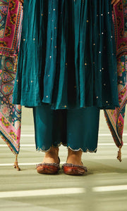 Aafiya Set- Teal mukaish mulmul hand embroidered anarkali with pants and dupatta (set of 3)