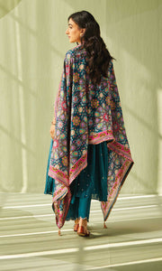 Aafiya Set- Teal mukaish mulmul hand embroidered anarkali with pants and dupatta (set of 3)
