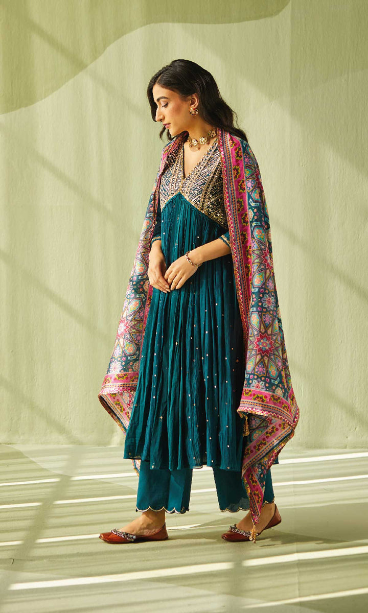 Aafiya Set- Maroon mukaish mulmul hand embroidered anarkali with pants and dupatta (set of 3)