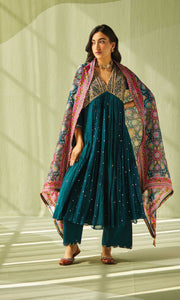 Aafiya Set- Teal mukaish mulmul hand embroidered anarkali with pants and dupatta (set of 3)