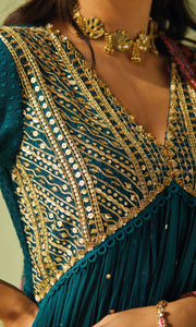 Aafiya Set- Teal mukaish mulmul hand embroidered anarkali with pants and dupatta (set of 3)