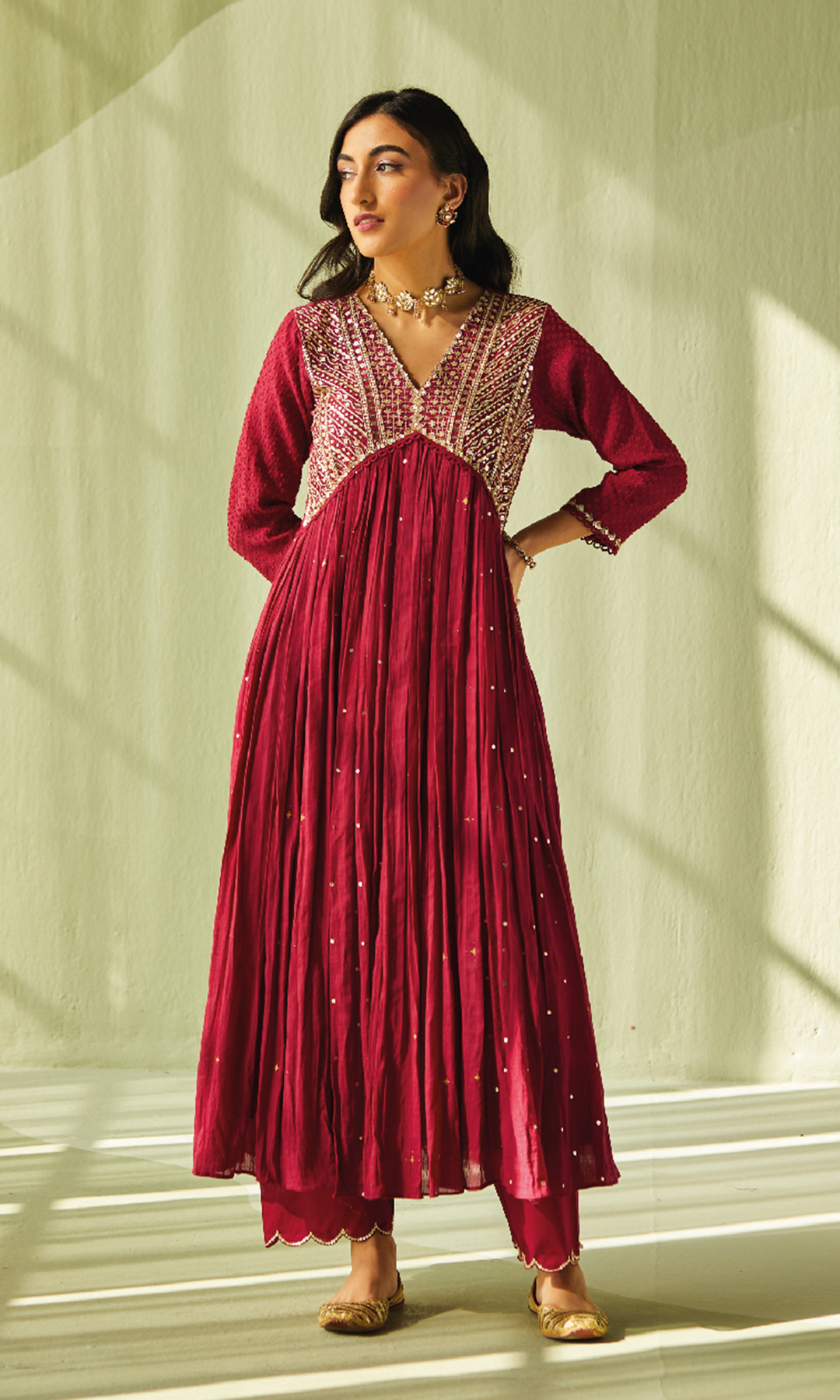 Aafiya Set- Maroon mukaish mulmul hand embroidered anarkali with pants and dupatta (set of 3)