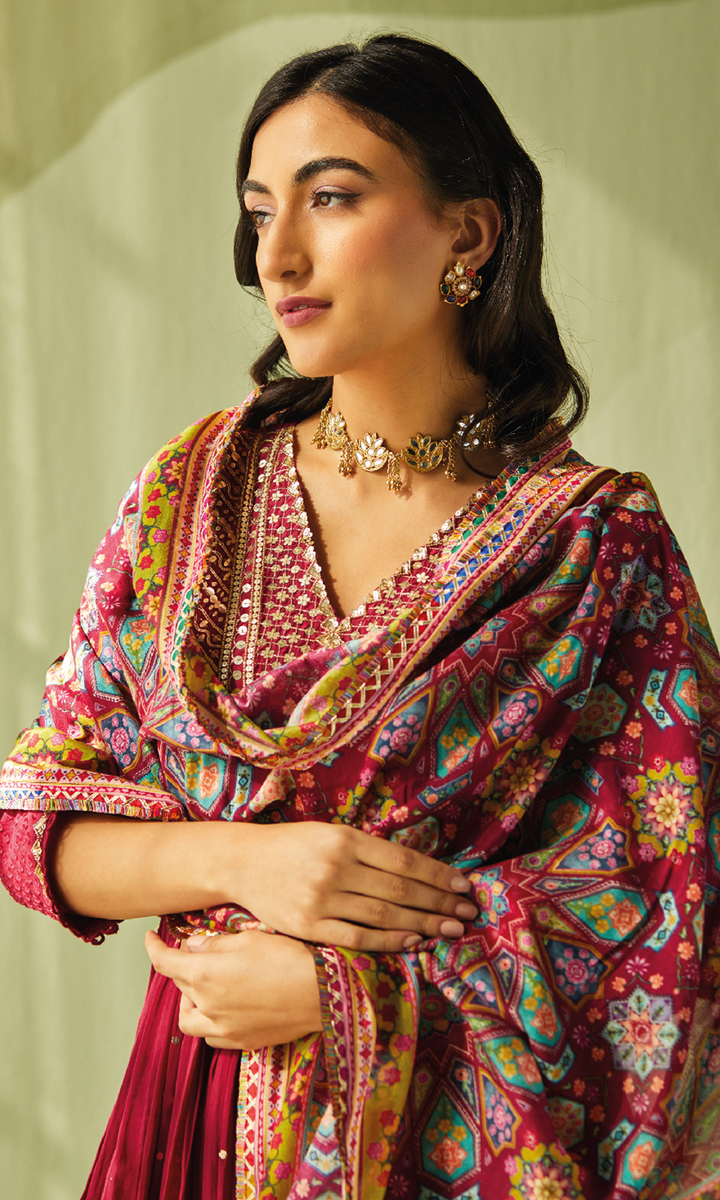 Aafiya Set- Maroon mukaish mulmul hand embroidered anarkali with pants and dupatta (set of 3)