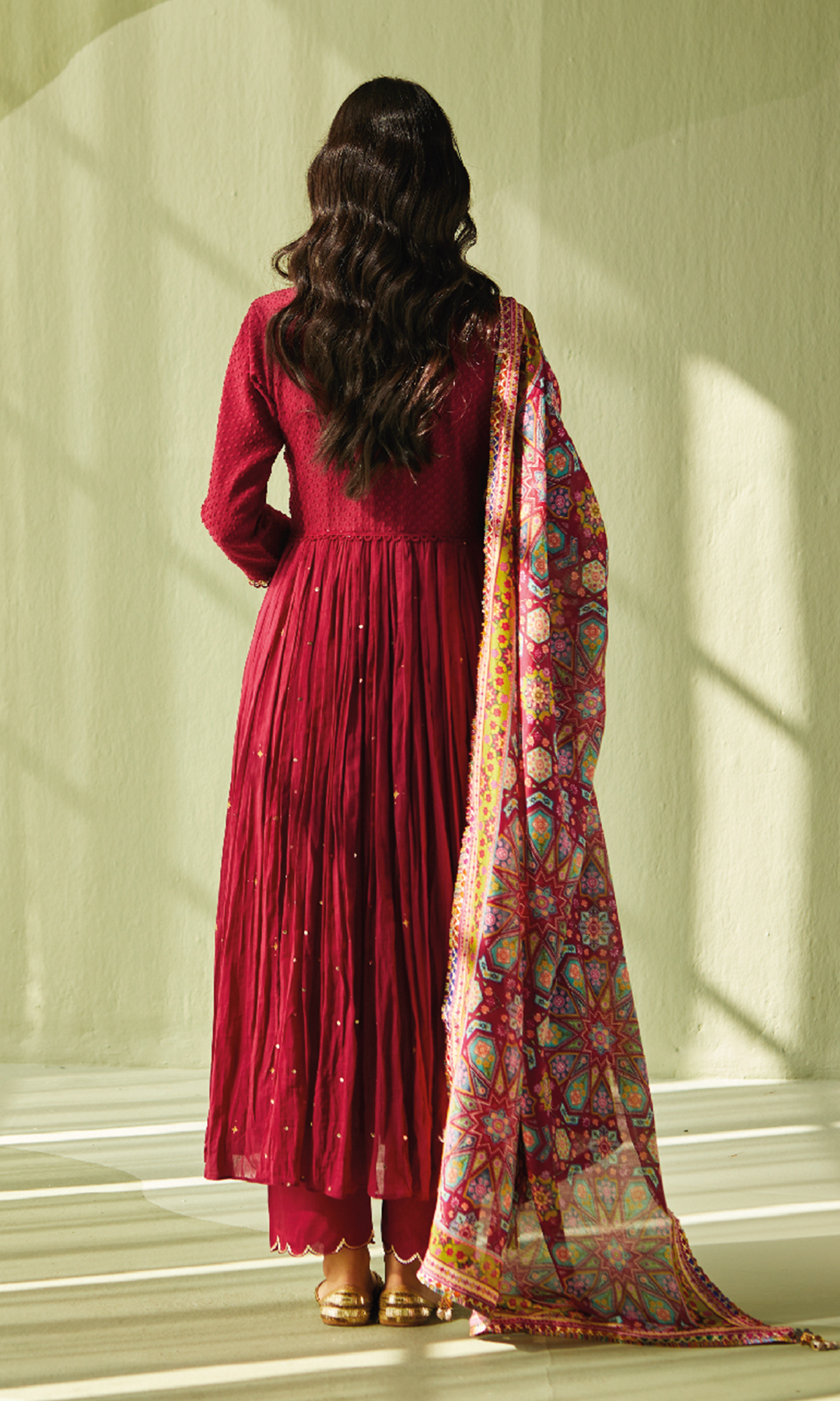 Aafiya Set- Maroon mukaish mulmul hand embroidered anarkali with pants and dupatta (set of 3)