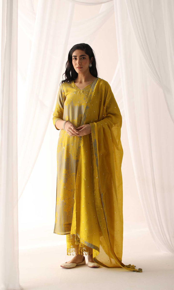Faizeh Set- Mustard chanderi hand embroidered kurta with pants and mukaish mulmul dupatta (Set of 3)