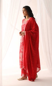 Faizeh Set- Red chanderi hand embroidered kurta with pants and mukaish mulmul dupatta (Set of 3)