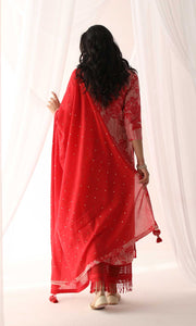 Faizeh Set- Peach chanderi hand embroidered kurta with pants and mukaish mulmul dupatta (Set of 3)