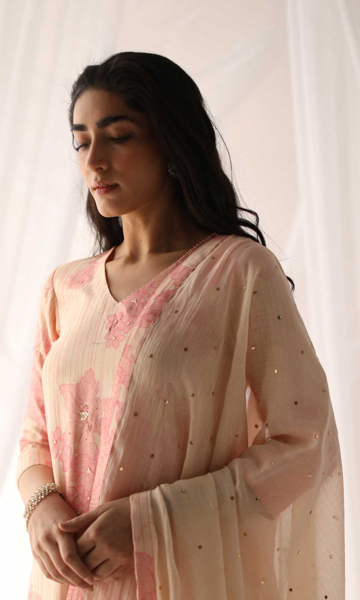 Faizeh Set- Mustard chanderi hand embroidered kurta with pants and mukaish mulmul dupatta (Set of 3)