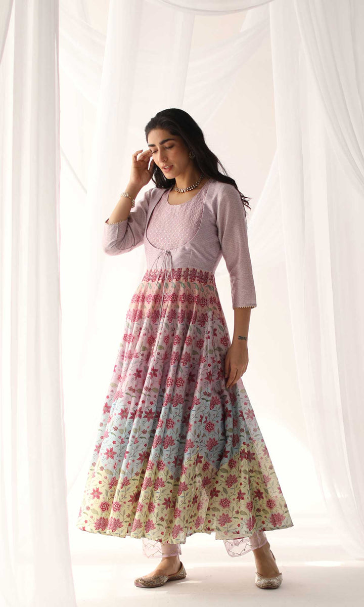 Nazaakat Set- Pastel chanderi hand embroidered anarkali with pant and hand embroidered dupatta (set of 3)