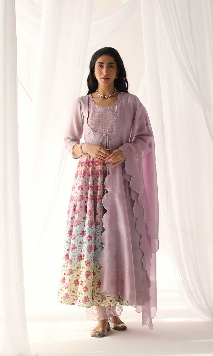 Nazaakat Set- Pastel chanderi hand embroidered anarkali with pant and hand embroidered dupatta (set of 3)